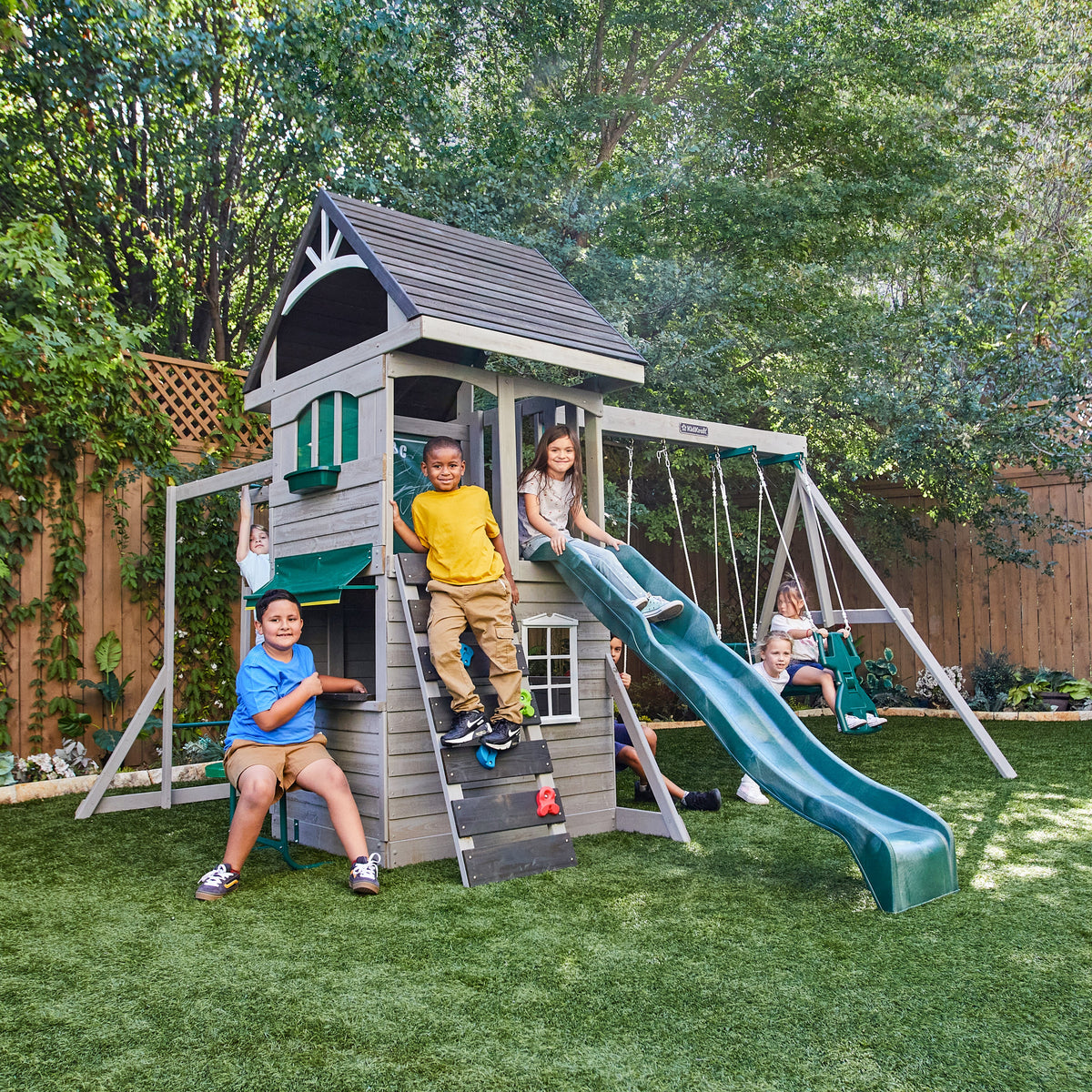 Wooden Outdoor Swing Set with Swings and Wave Slide