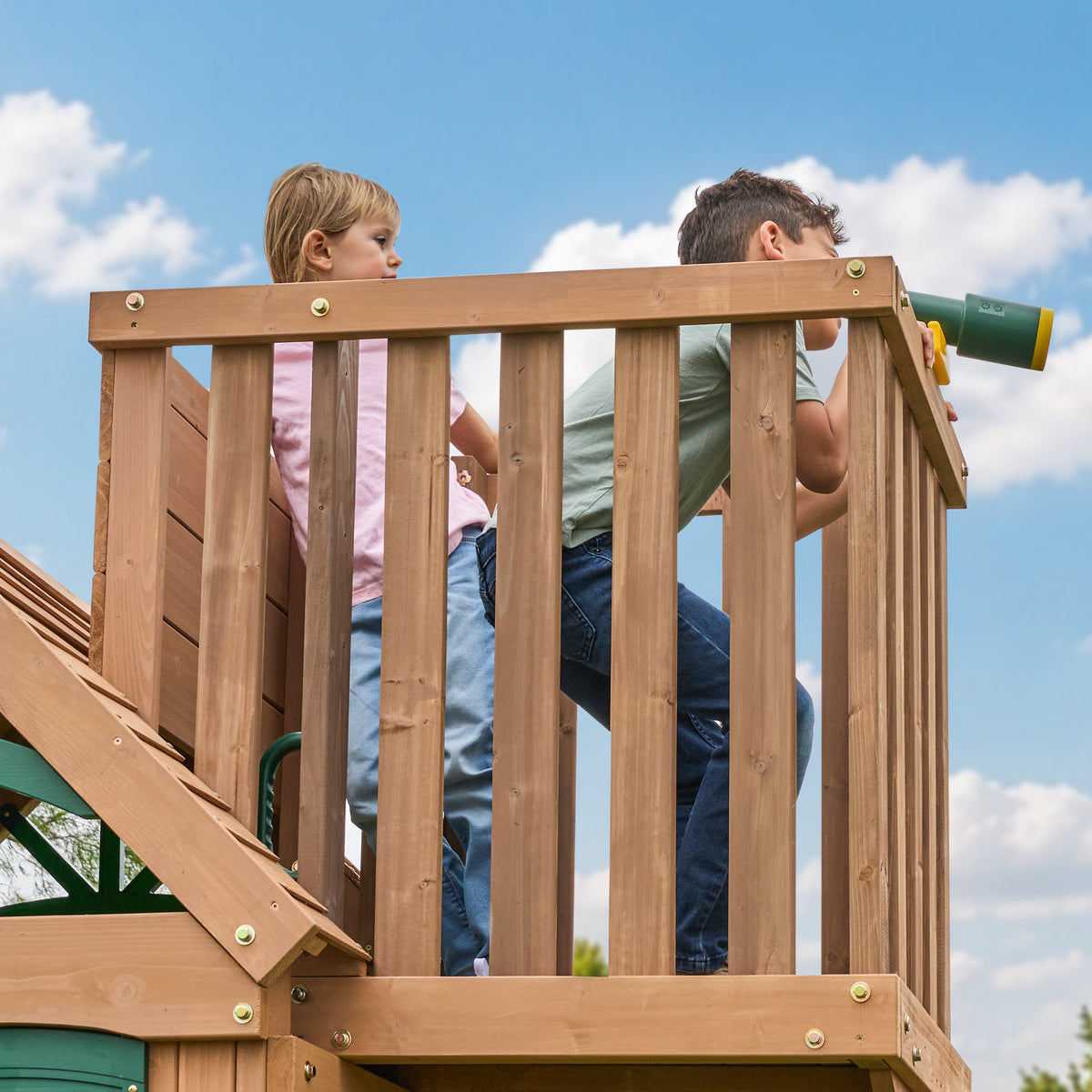 Wooden Outdoor Swing Set with Swings and Wave Slide