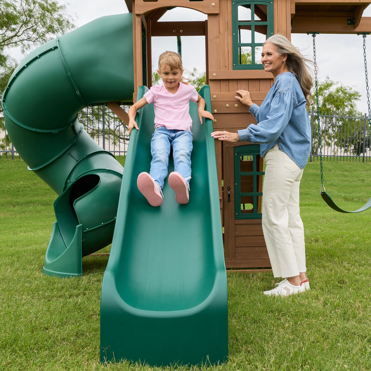 Wooden Outdoor Swing Set with Swings and Wave Slide