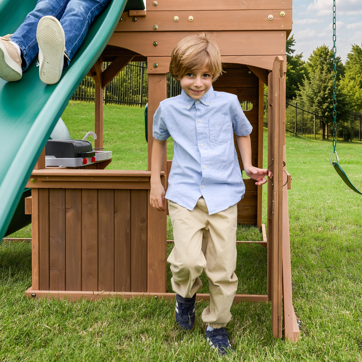 Wooden Outdoor Swing Set with Swings and Wave Slide