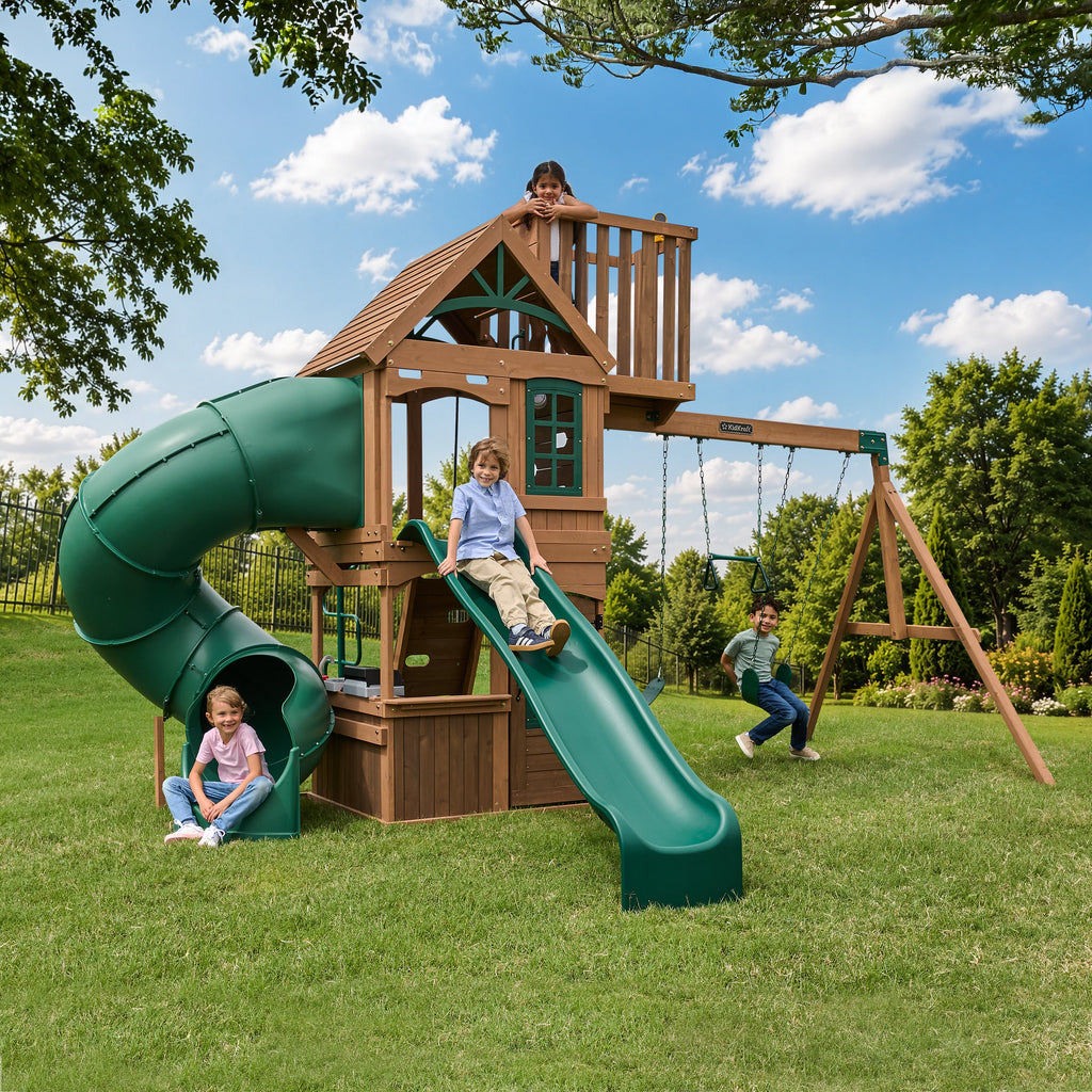 Wooden Outdoor Swing Set with Swings and Wave Slide