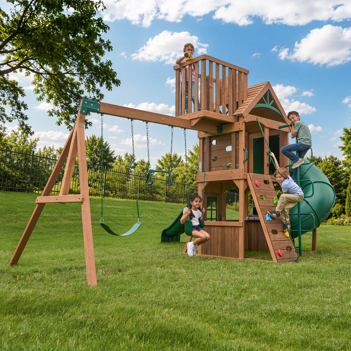 Wooden Outdoor Swing Set with Swings and Wave Slide