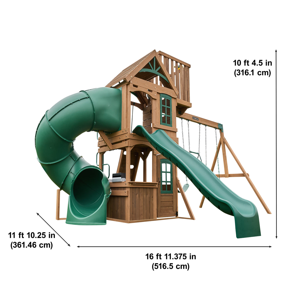Wooden Outdoor Swing Set with Swings and Wave Slide