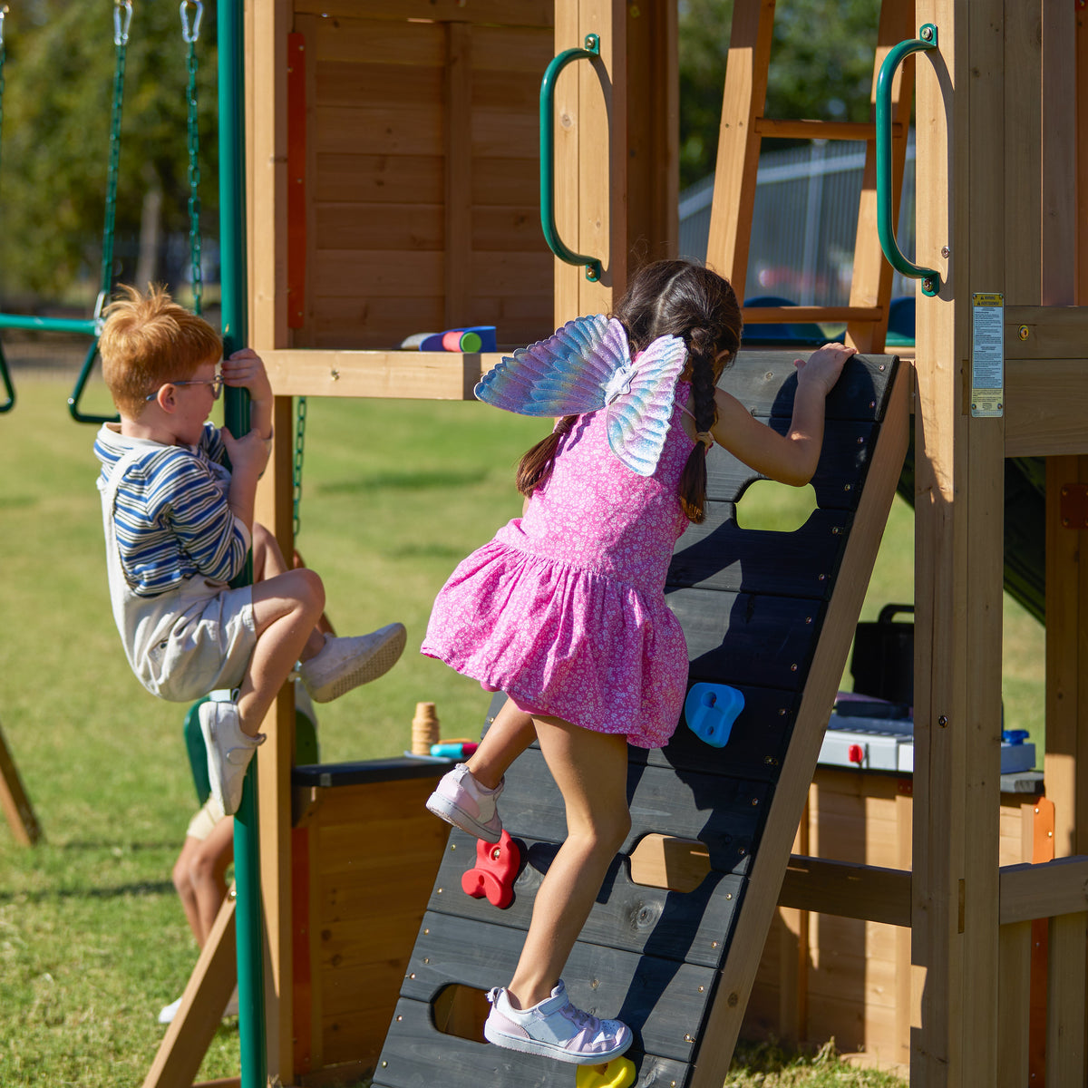 Wooden Outdoor Swing Set with Swings and Wave Slide