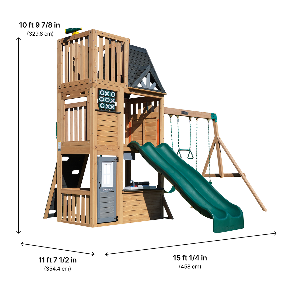 Wooden Outdoor Swing Set with Swings and Wave Slide