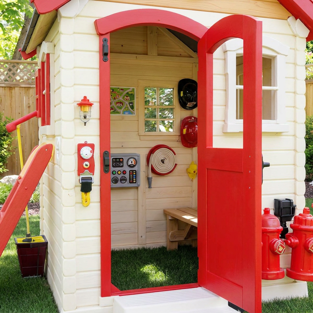 Fire Station Playhouse with Outdoor Swing Set