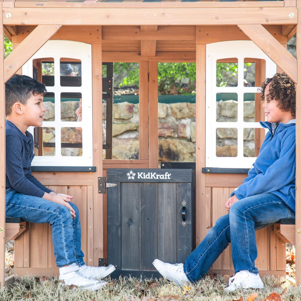 Outdoor Playhouse with Wave Slide and Chalkboard