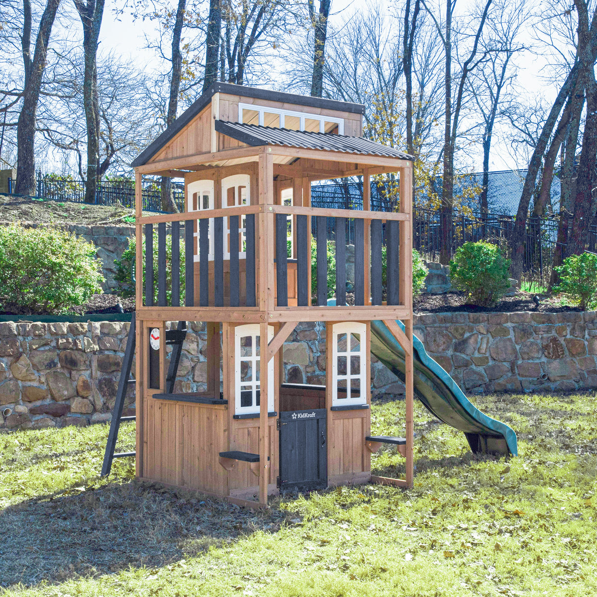 Outdoor Playhouse with Wave Slide and Chalkboard