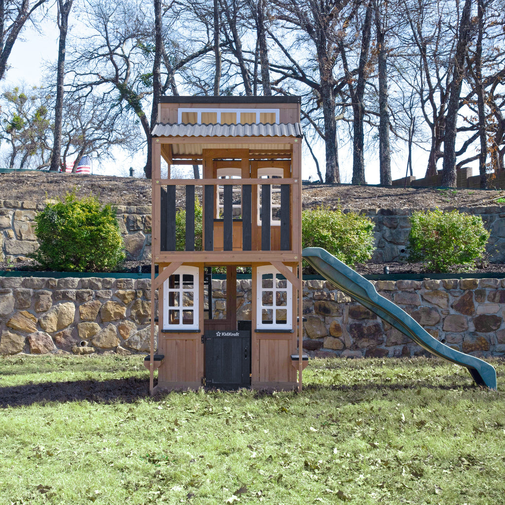 Outdoor Playhouse with Wave Slide and Chalkboard