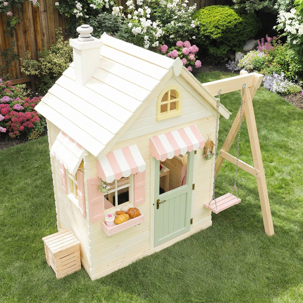 Bakery-Themed Playhouse with Outdoor Swing Set