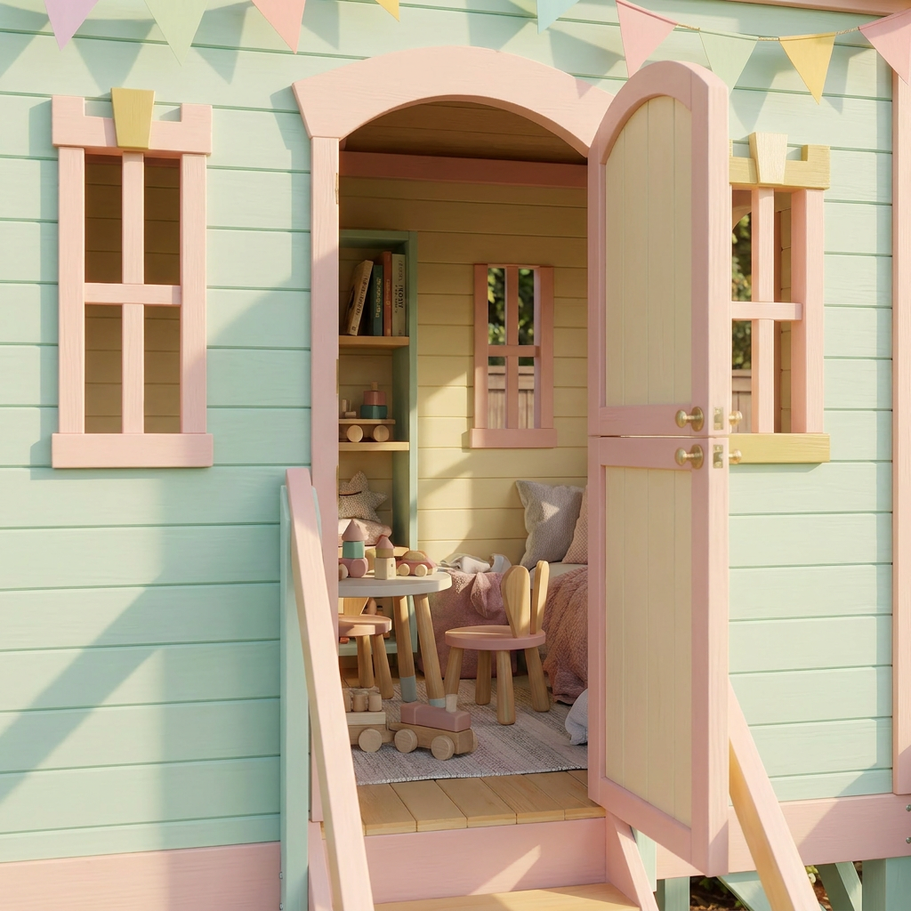 Pastel Castle Playhouse with Blue Spiral Slide