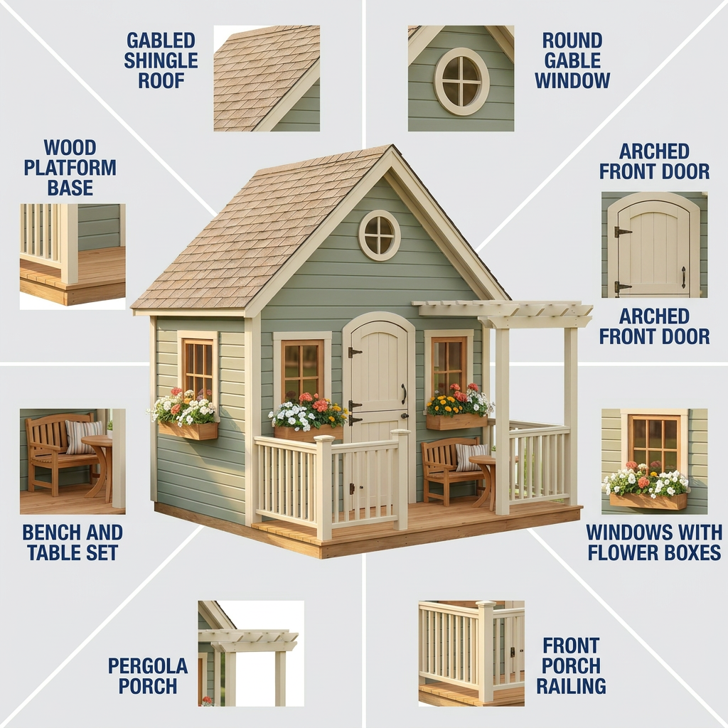Kids Cottage Playhouse with Porch and Flower Boxes