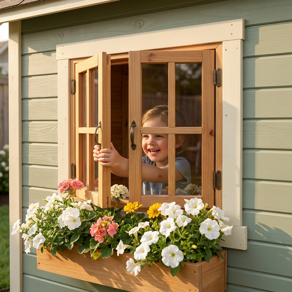 Kids Cottage Playhouse with Porch and Flower Boxes