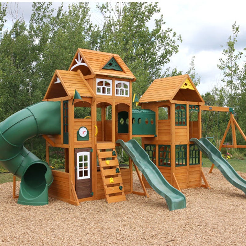 Wooden Outdoor Swing Set with Swings and Wave Slide