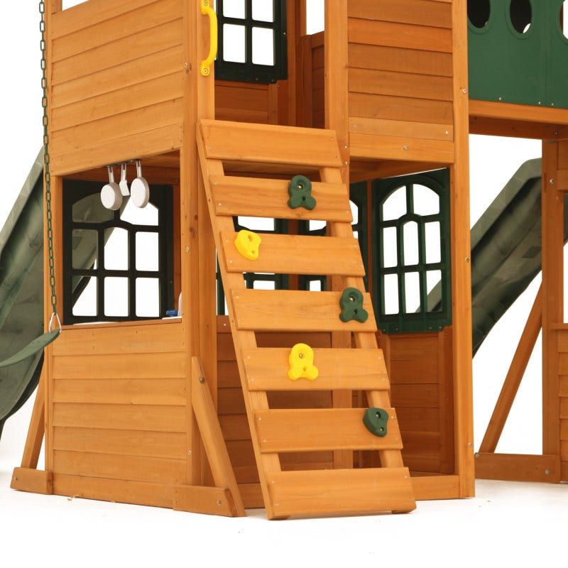 Wooden Outdoor Swing Set with Swings and Wave Slide