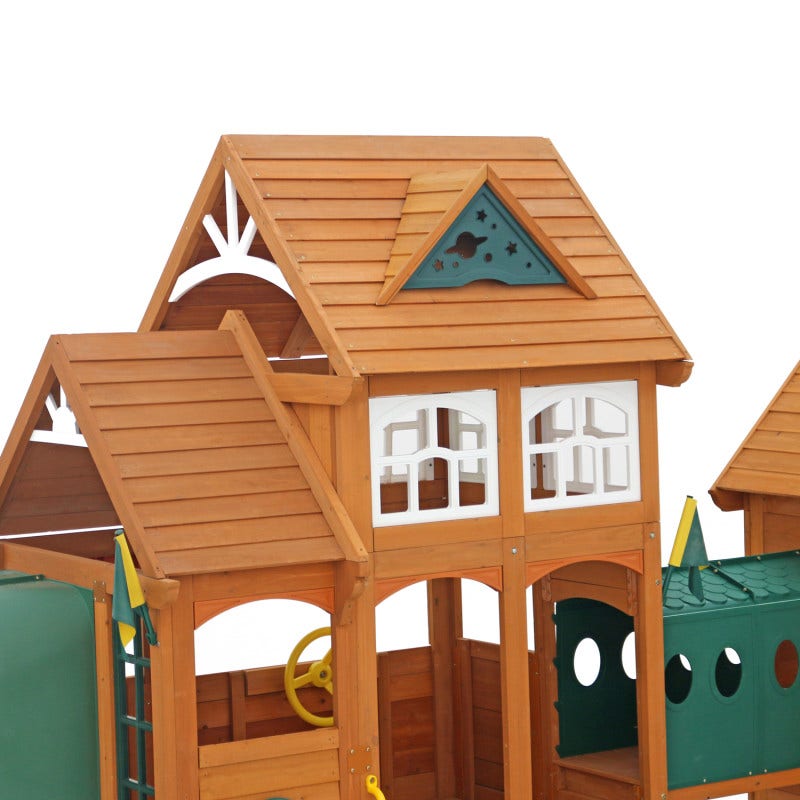 Wooden Outdoor Swing Set with Swings and Wave Slide