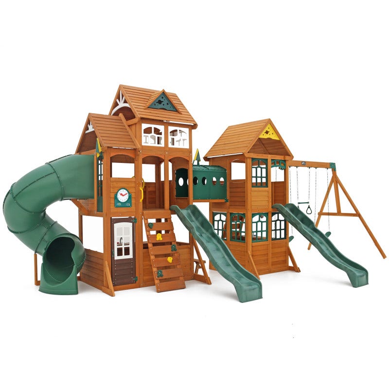 Wooden Outdoor Swing Set with Swings and Wave Slide