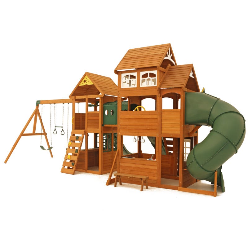 Wooden Outdoor Swing Set with Swings and Wave Slide