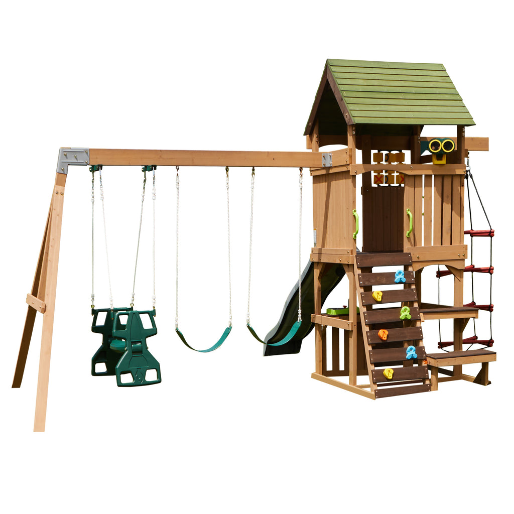 Wooden Outdoor Swing Set with Swings and Wave Slide