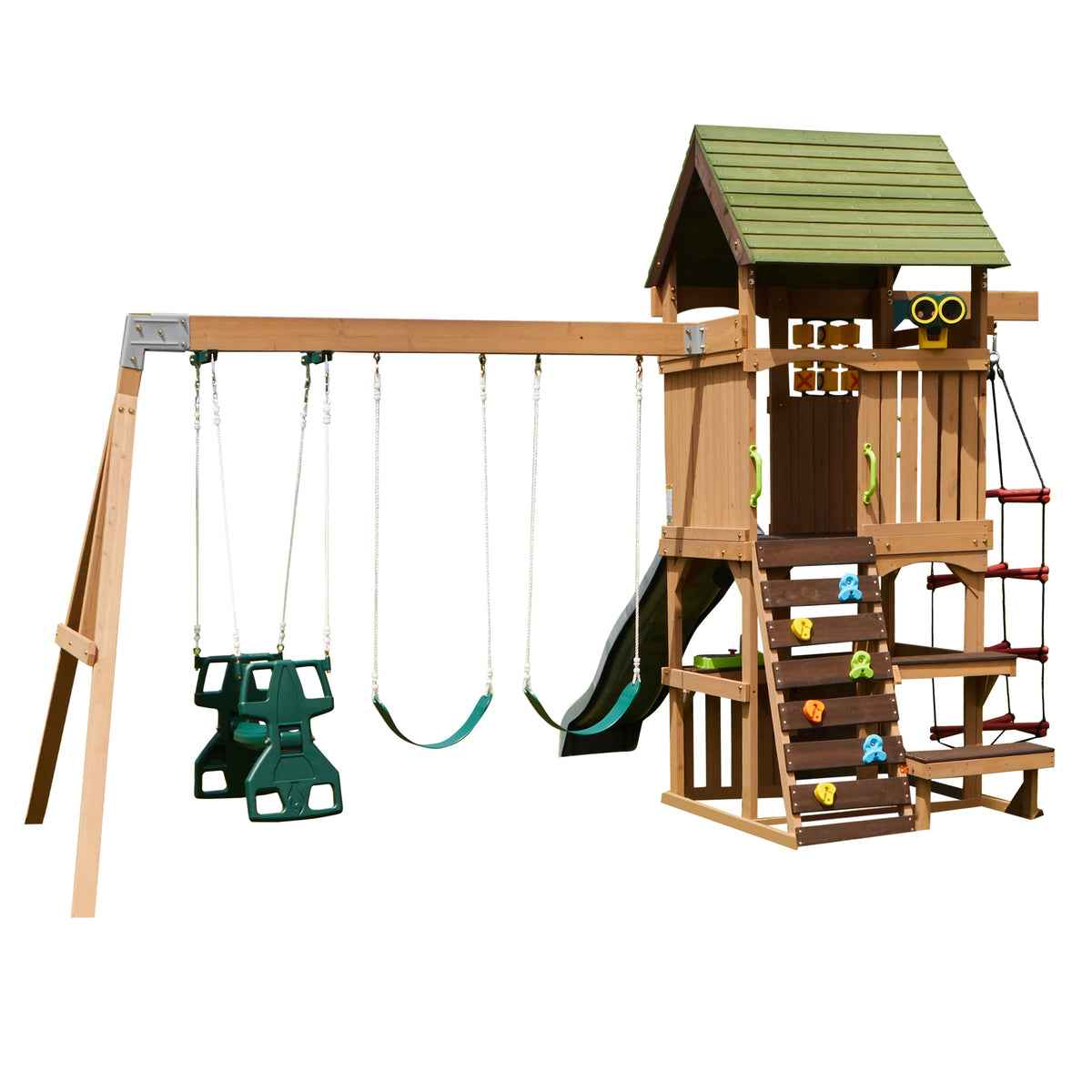 Wooden Outdoor Swing Set with Swings and Wave Slide
