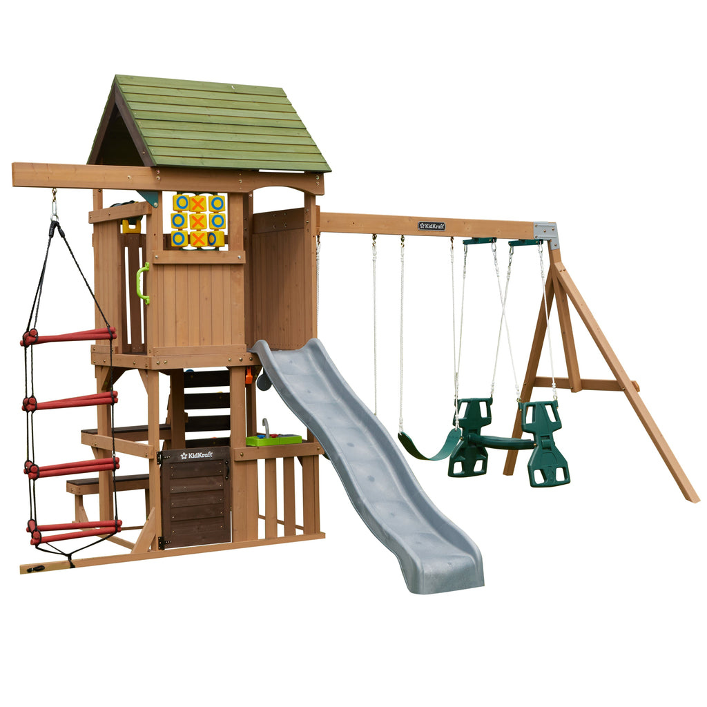 Wooden Outdoor Swing Set with Swings and Wave Slide