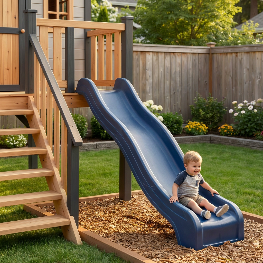 Wooden Kids Castle Playhouse with Blue Wave Slide