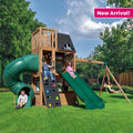 Wooden Outdoor Swing Set with Swings and Wave Slide