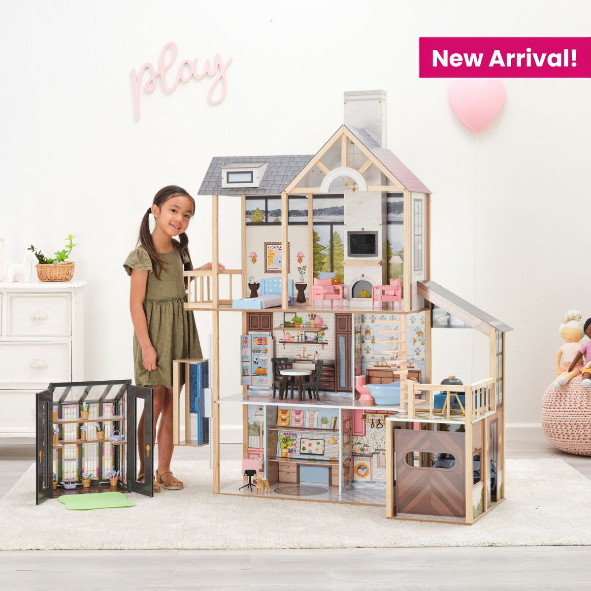 Wooden Dollhouse with Elevator and Greenhouse