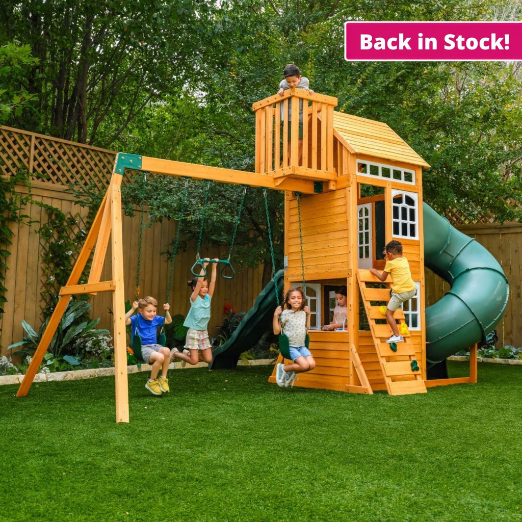 Wooden Outdoor Swing Set with Swings and Wave Slide