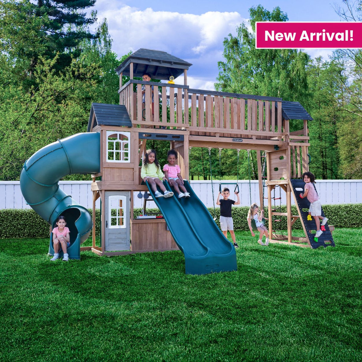 Wooden Outdoor Swing Set with Swings and Wave Slide