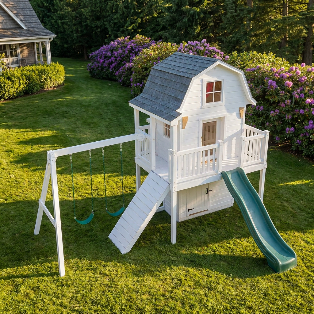Kids Cottage Playhouse with Swings and Slide