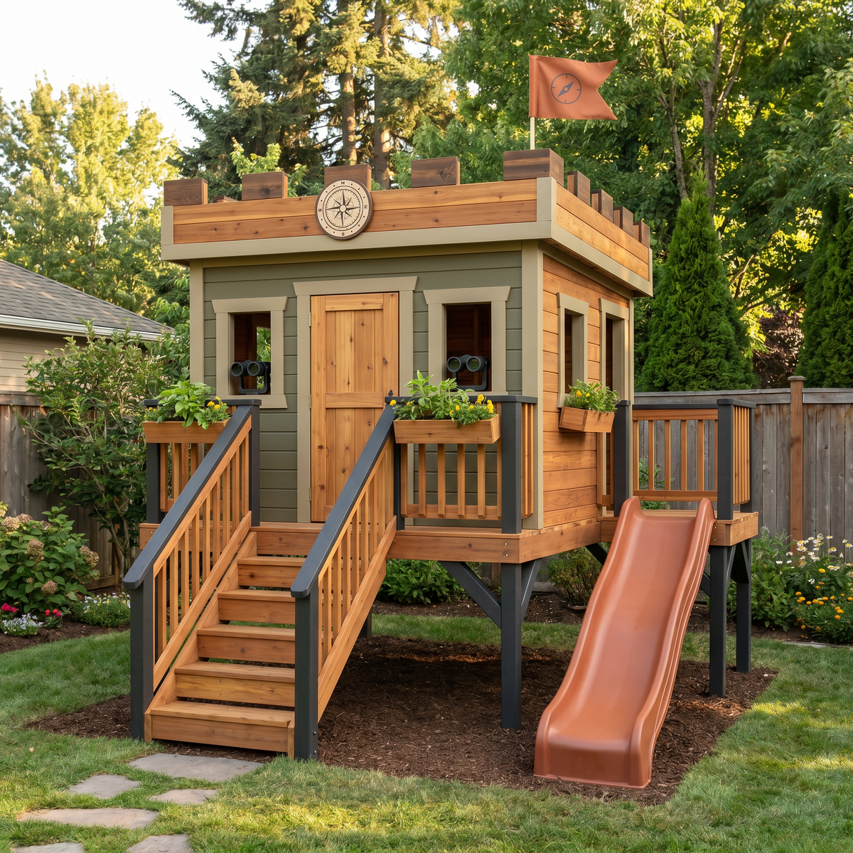Elevated Lookout Playhouse with Copper-Colored Slide
