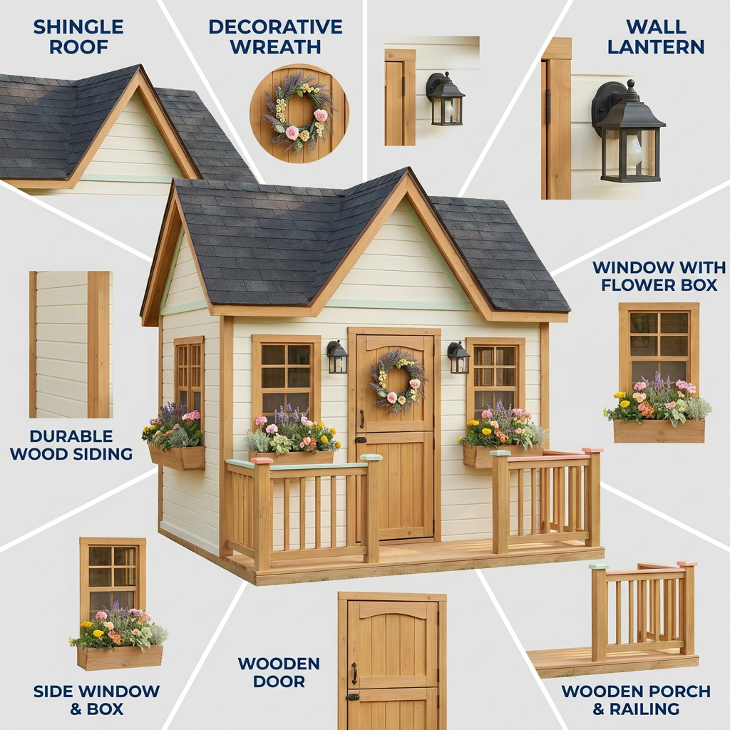 Wooden Garden Cottage Playhouse with Front Porch
