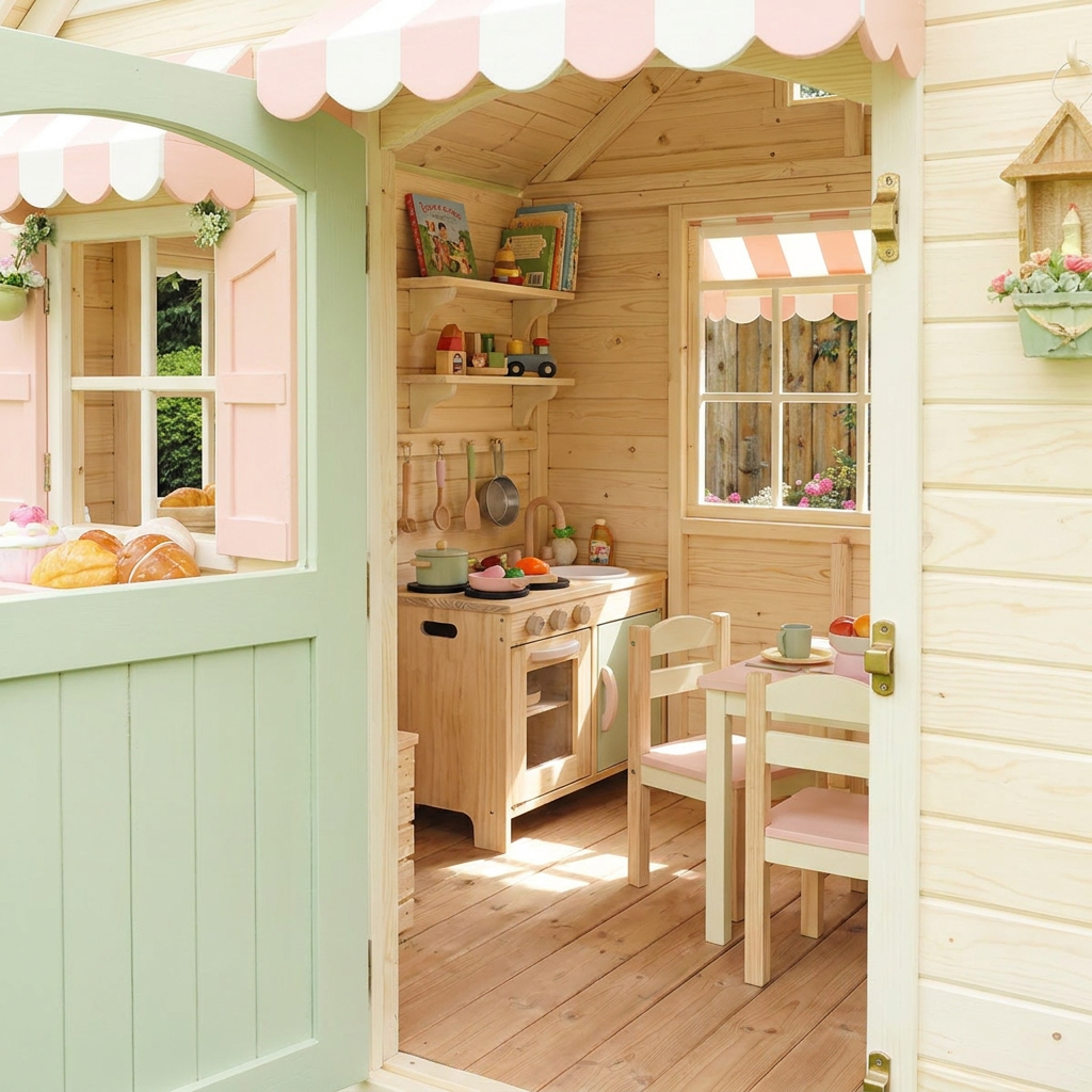 Bakery-Themed Playhouse with Outdoor Swing Set