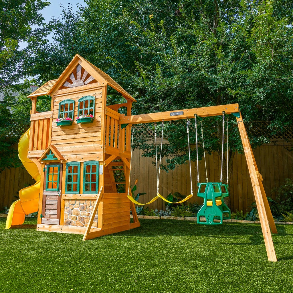 Wooden Outdoor Swing Set with Swings and Slide