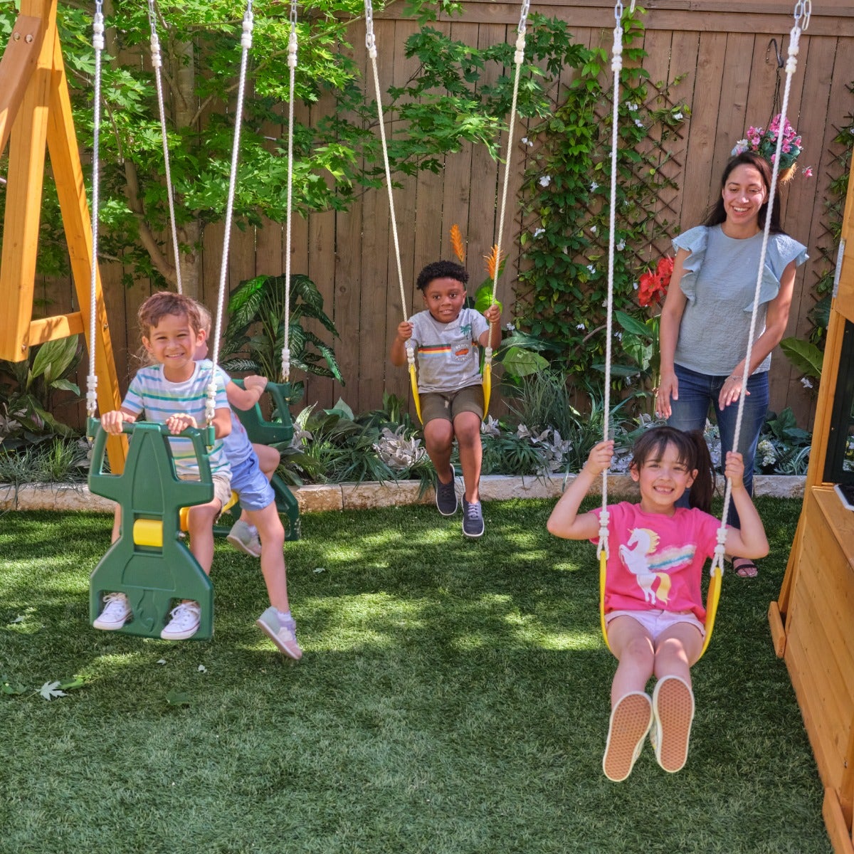Wooden Outdoor Swing Set with Swings and Wave Slide