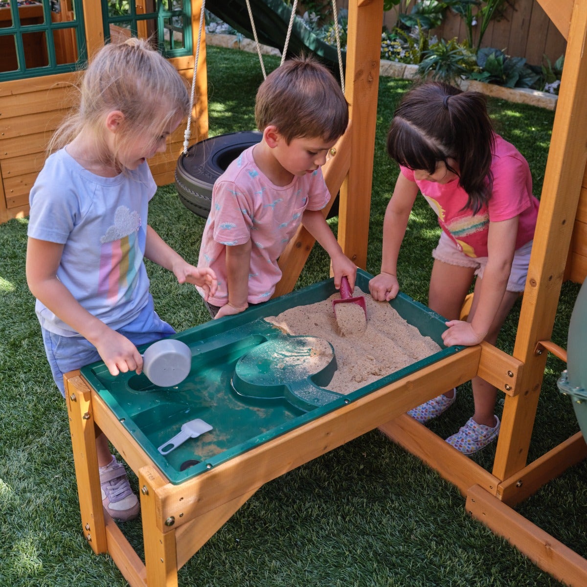 Wooden Outdoor Swing Set with Swings and Wave Slide