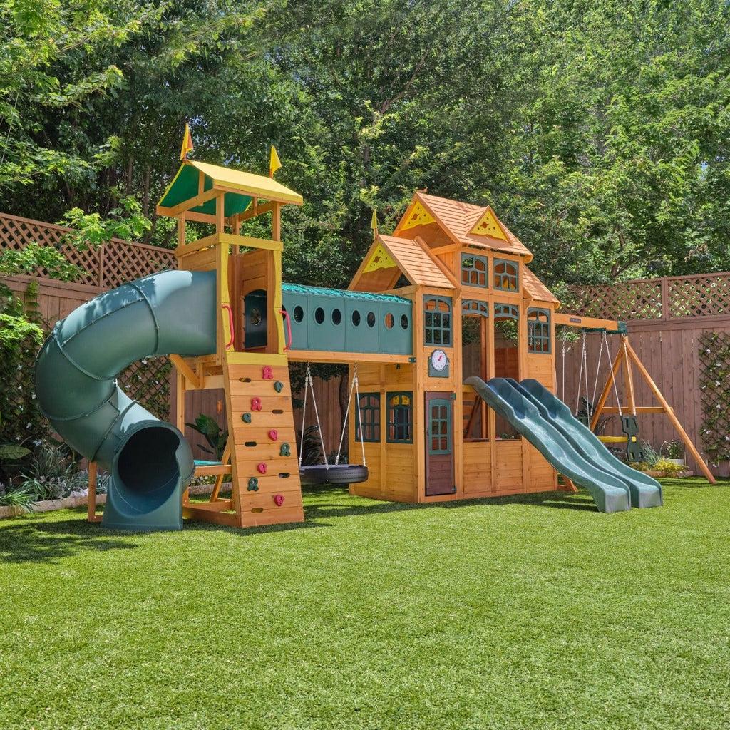 Wooden Outdoor Swing Set with Swings and Wave Slide
