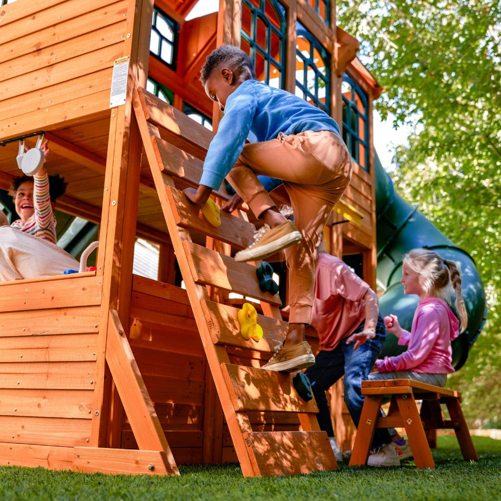Wooden Outdoor Swing Set with Swings and Wave Slide