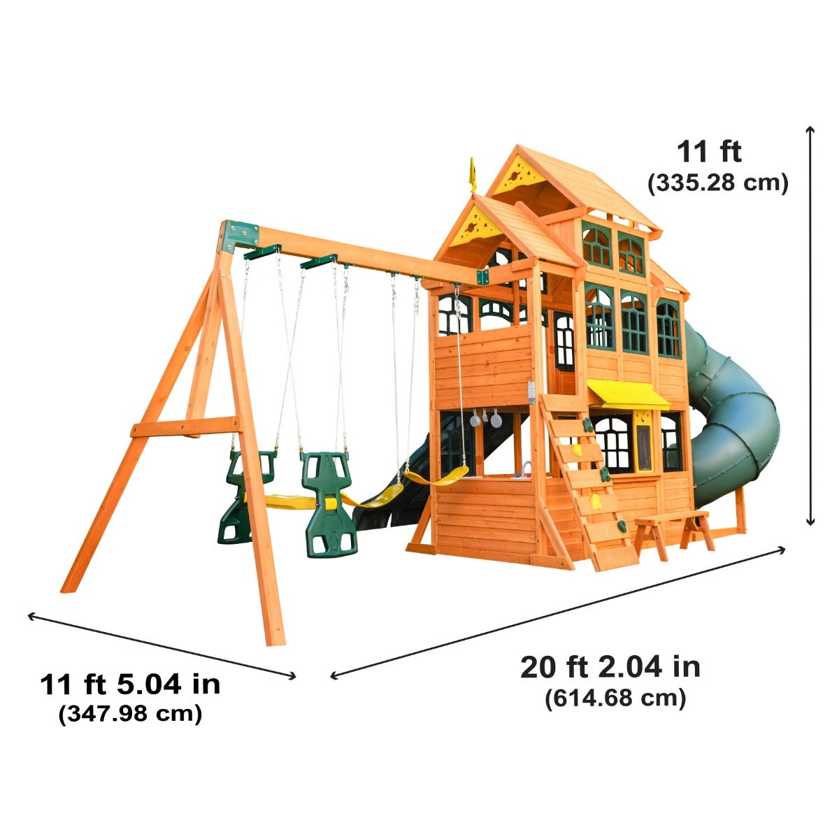 Wooden Outdoor Swing Set with Swings and Wave Slide