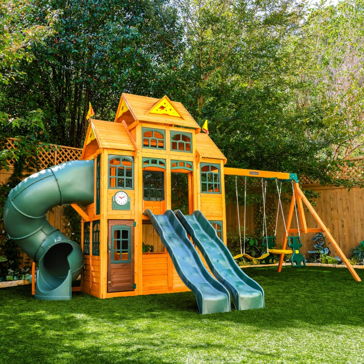 Wooden Outdoor Swing Set with Swings and Wave Slide
