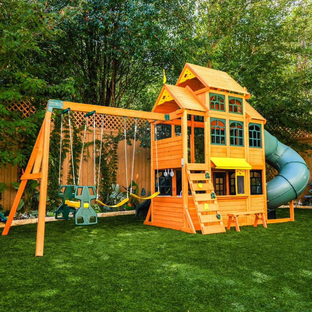 Wooden Outdoor Swing Set with Swings and Wave Slide