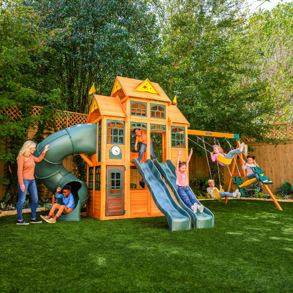Wooden Outdoor Swing Set with Swings and Wave Slide