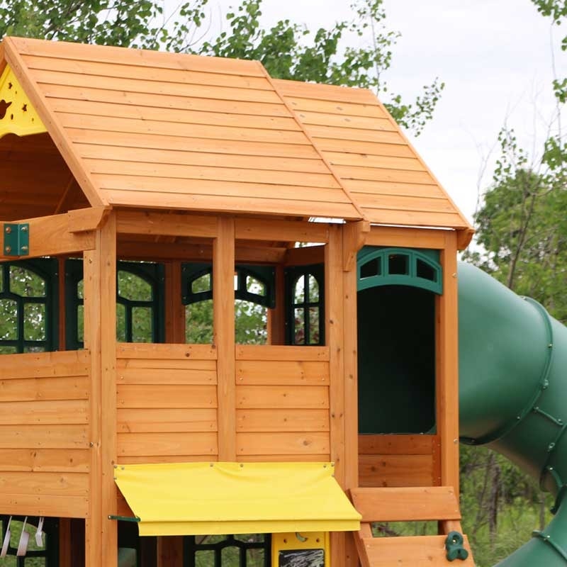 Wooden Outdoor Swing Set with Swings and Wave Slide