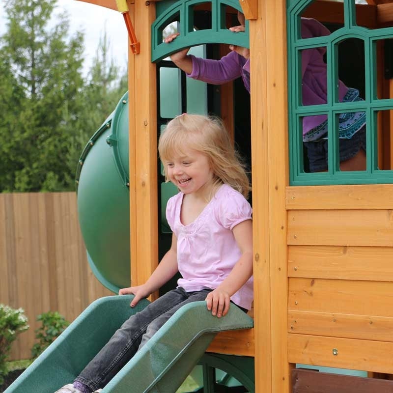 Wooden Outdoor Swing Set with Swings and Wave Slide
