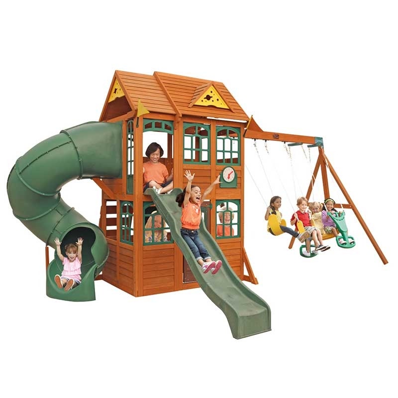Wooden Outdoor Swing Set with Swings and Wave Slide