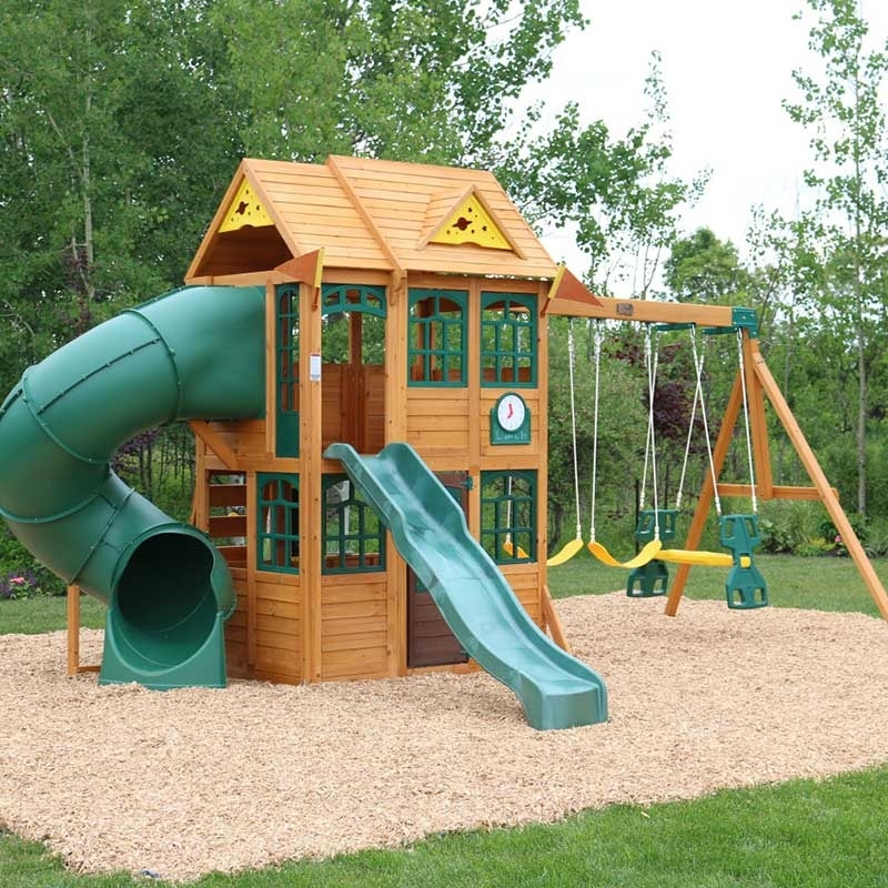 Wooden Outdoor Swing Set with Swings and Wave Slide