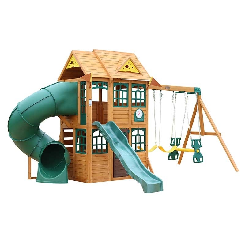 Wooden Outdoor Swing Set with Swings and Wave Slide
