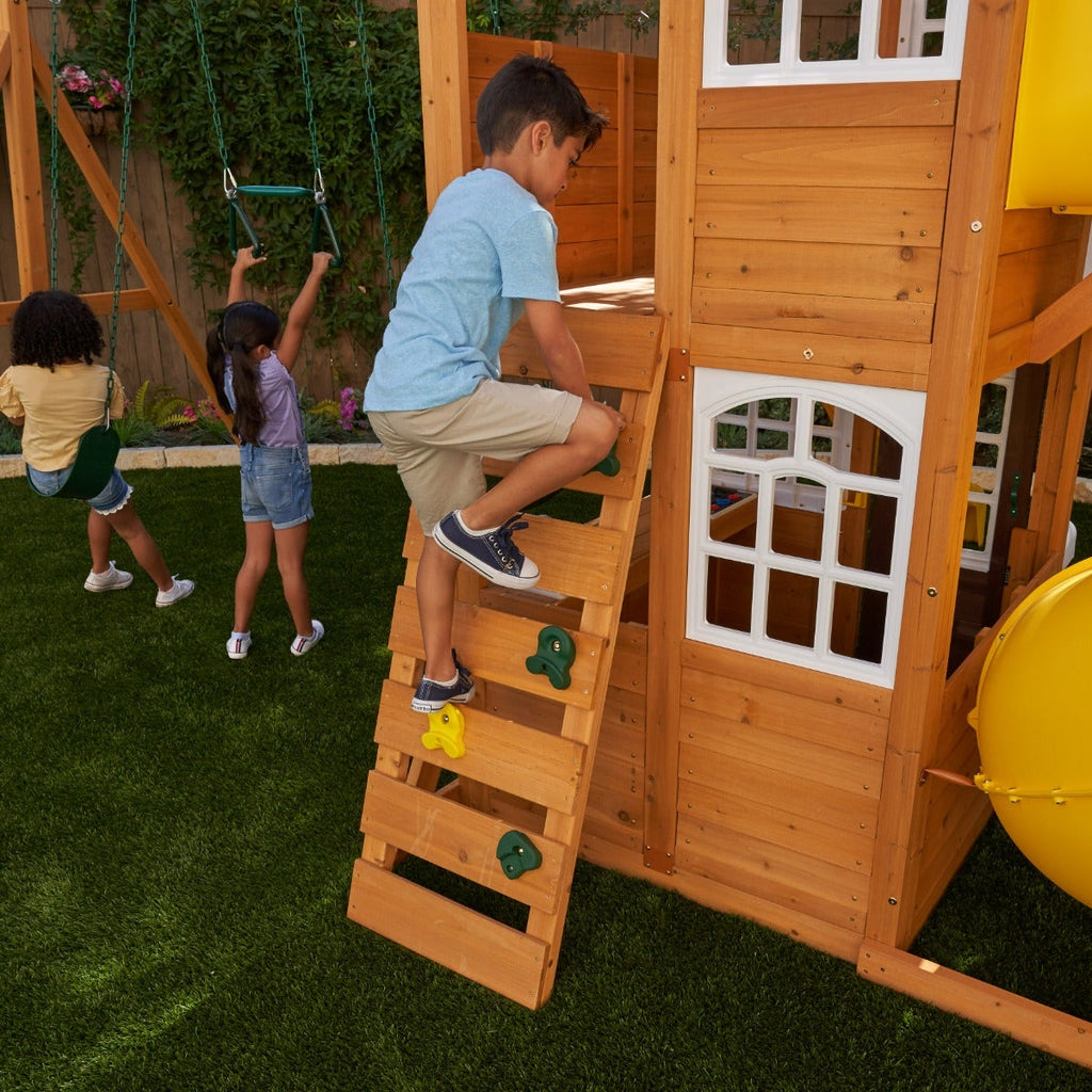 Wooden Outdoor Swing Set with Swings and Wave Slide