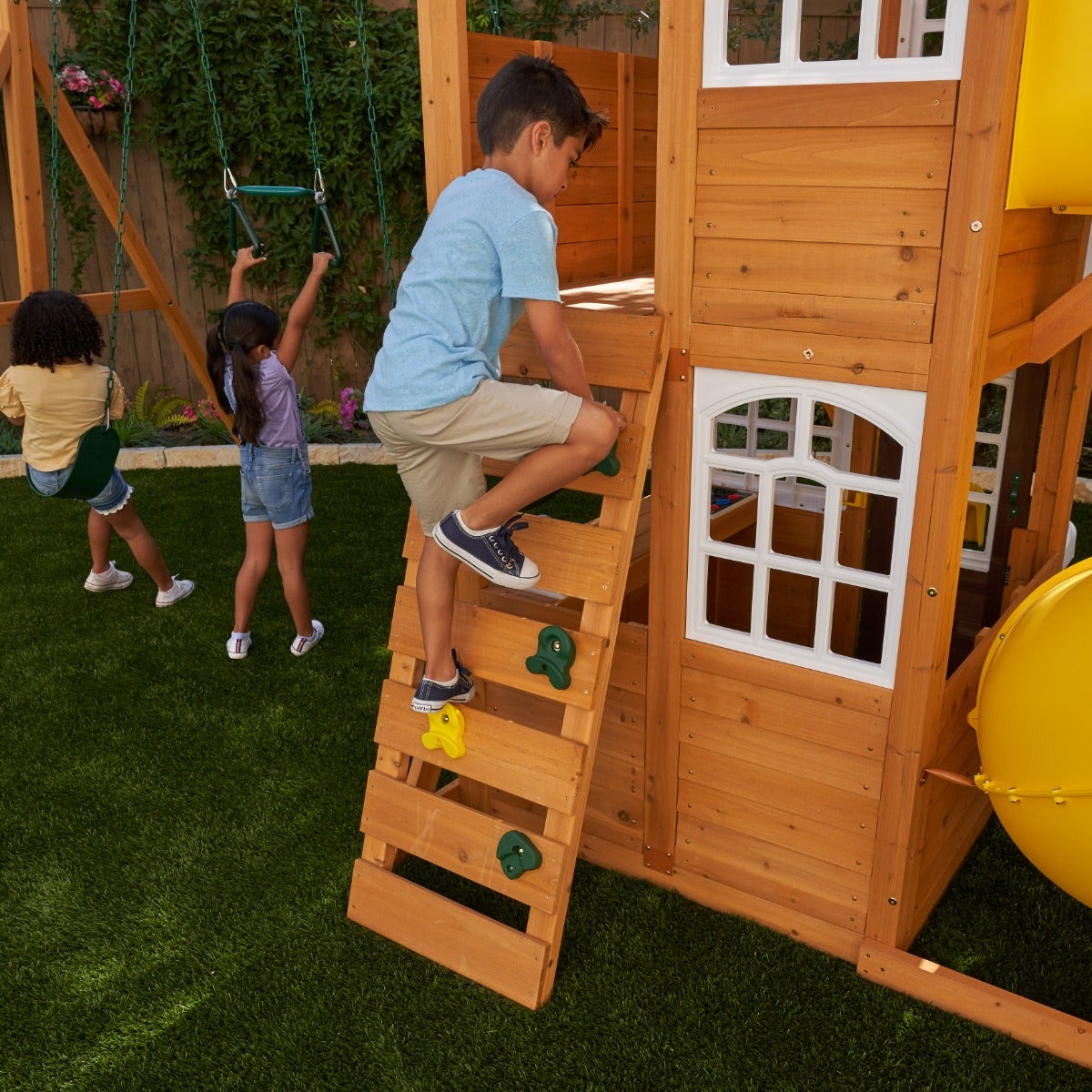 Wooden Outdoor Swing Set with Swings and Wave Slide